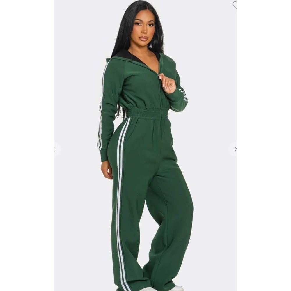 Love Sense Green Striped Hooded Jumpsuit Wide Leg Athleisure‎ Lounge M
